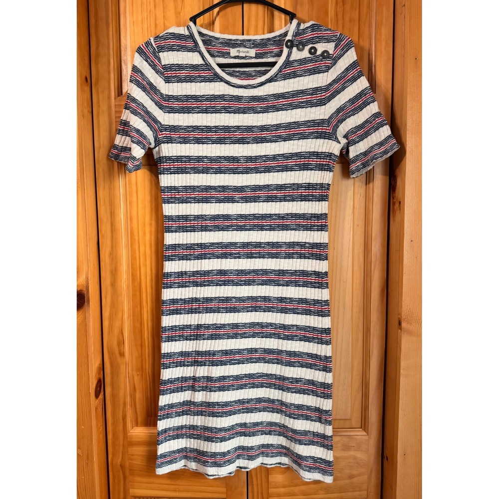 Madewell Lawton Stripe Rib Knit Sheath Mini Dress Medium M Button Shoulder